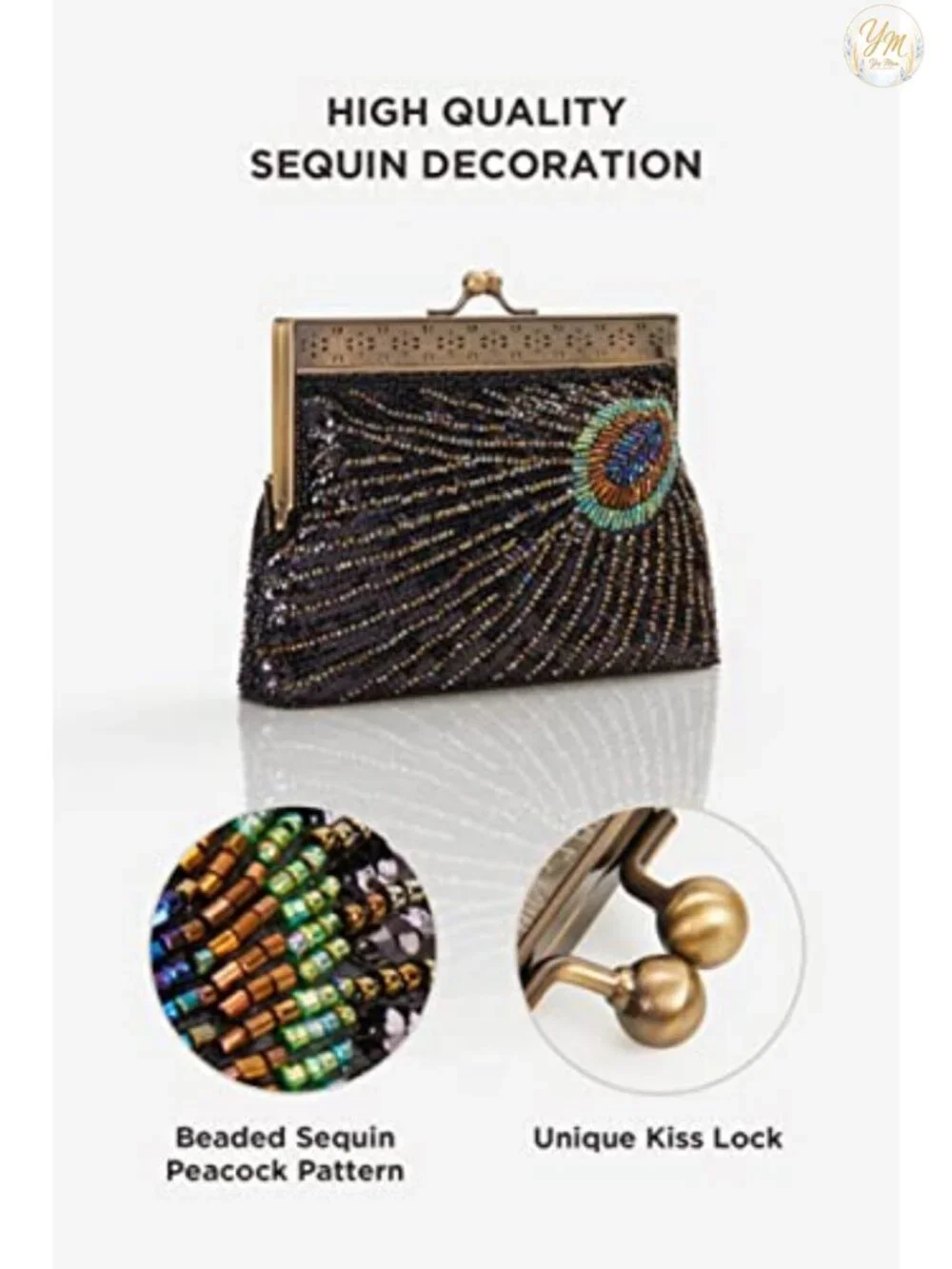 Sequin Peacock Clutch Evening Bag with Beaded Design and Detachable Chains
